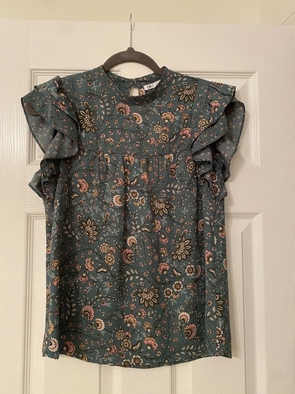 DR2 Teal Floral Blouse with Pink and Cream Flowers